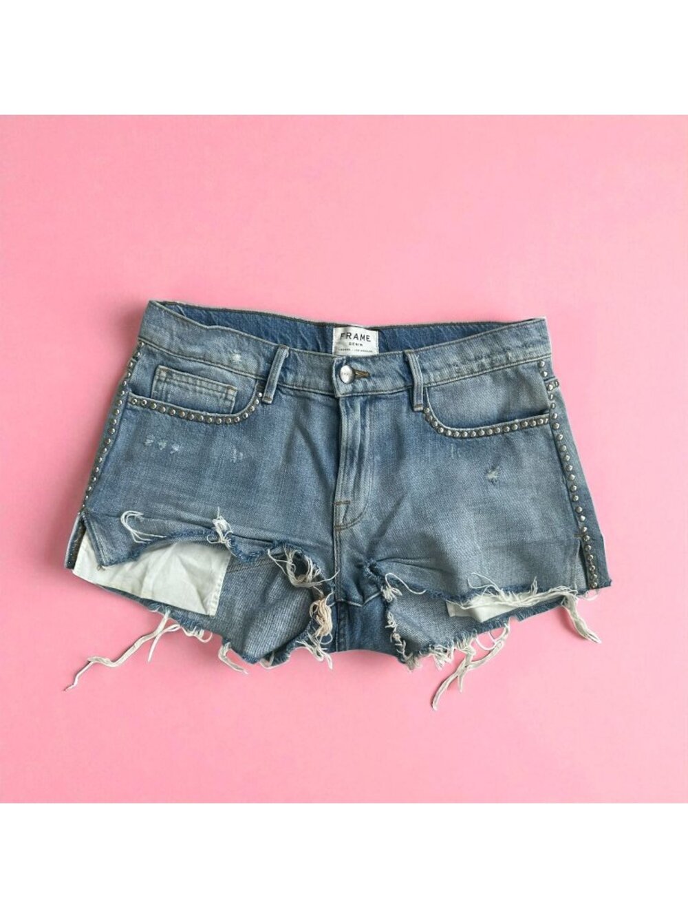 FRAME Light Wash Cutoff Studded Trim Denim Shorts Size 27